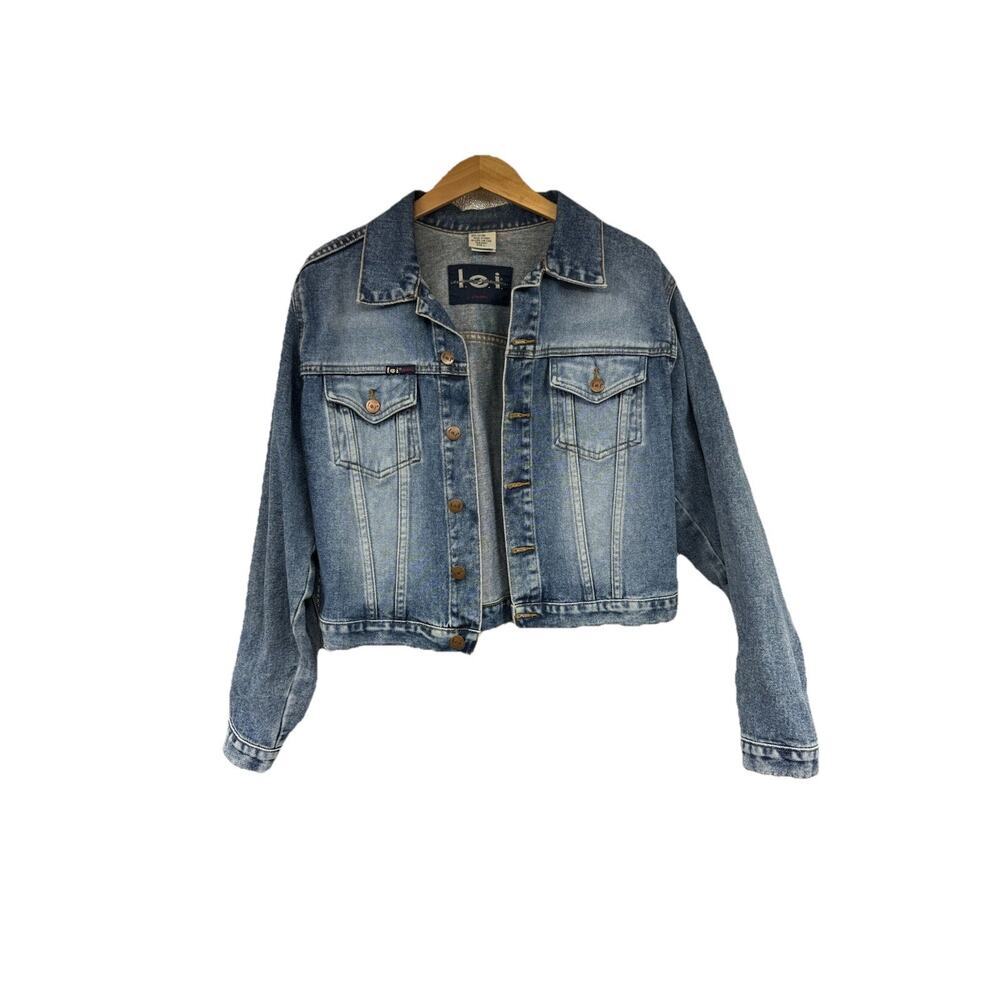 Vintage 90s Y2K Lei Dark Wash Jean Denim Jacket Cropped‎ 100% Cotton Size Large